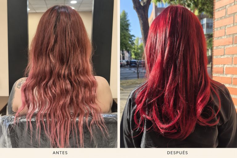 Antes y después de un cambio de color en Roal: de un rosa desvaído a un rojo intenso con brillo